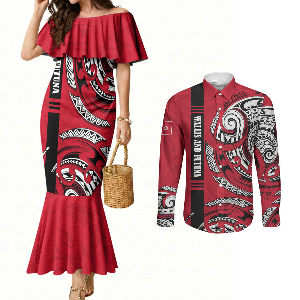 Wallis And Futuna Couples Matching Mermaid Dress and Long Sleeve Button Shirt Tribal Polynesian Tattoo Flag Motif TS04 Red Black - Polynesian Pride