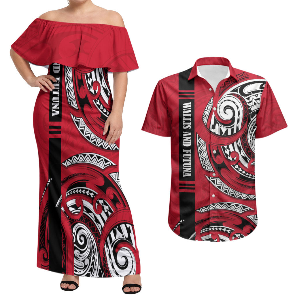 Wallis And Futuna Couples Matching Off Shoulder Maxi Dress and Hawaiian Shirt Tribal Polynesian Tattoo Flag Motif TS04 Red Black - Polynesian Pride