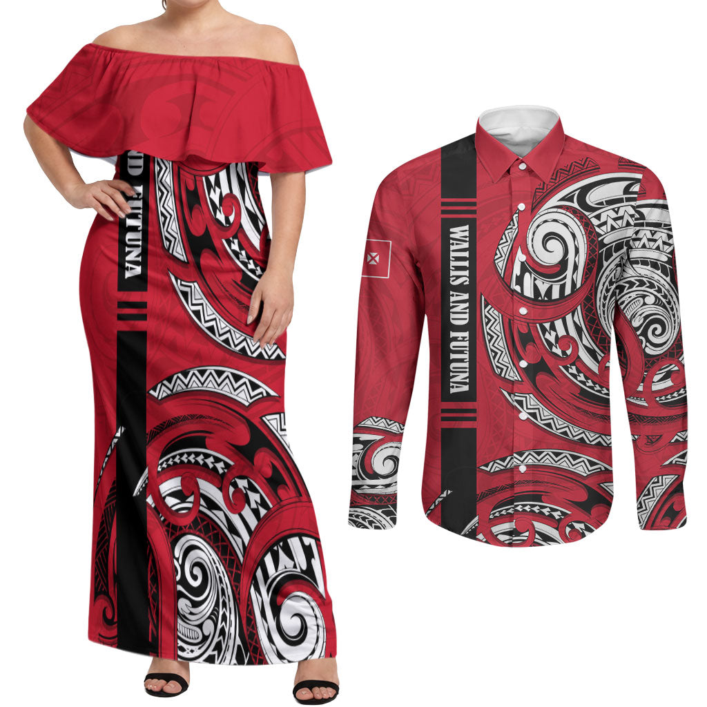 Wallis And Futuna Couples Matching Off Shoulder Maxi Dress and Long Sleeve Button Shirt Tribal Polynesian Tattoo Flag Motif TS04 Red Black - Polynesian Pride