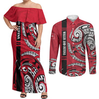 Wallis And Futuna Couples Matching Off Shoulder Maxi Dress and Long Sleeve Button Shirt Tribal Polynesian Tattoo Flag Motif TS04 Red Black - Polynesian Pride