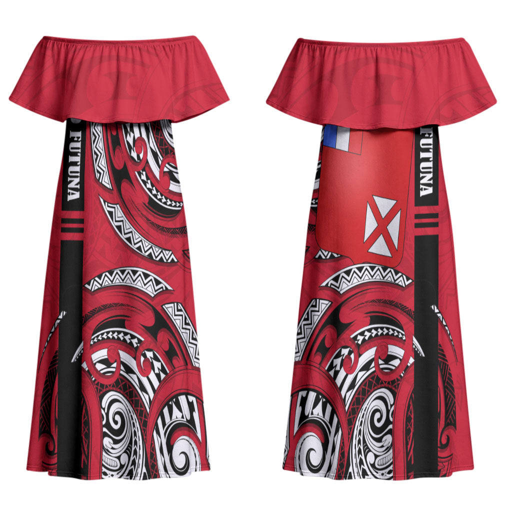 Wallis And Futuna Couples Matching Off Shoulder Maxi Dress and Long Sleeve Button Shirt Tribal Polynesian Tattoo Flag Motif TS04 - Polynesian Pride