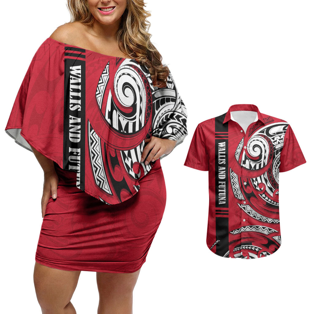 Wallis And Futuna Couples Matching Off Shoulder Short Dress and Hawaiian Shirt Tribal Polynesian Tattoo Flag Motif TS04 Red Black - Polynesian Pride