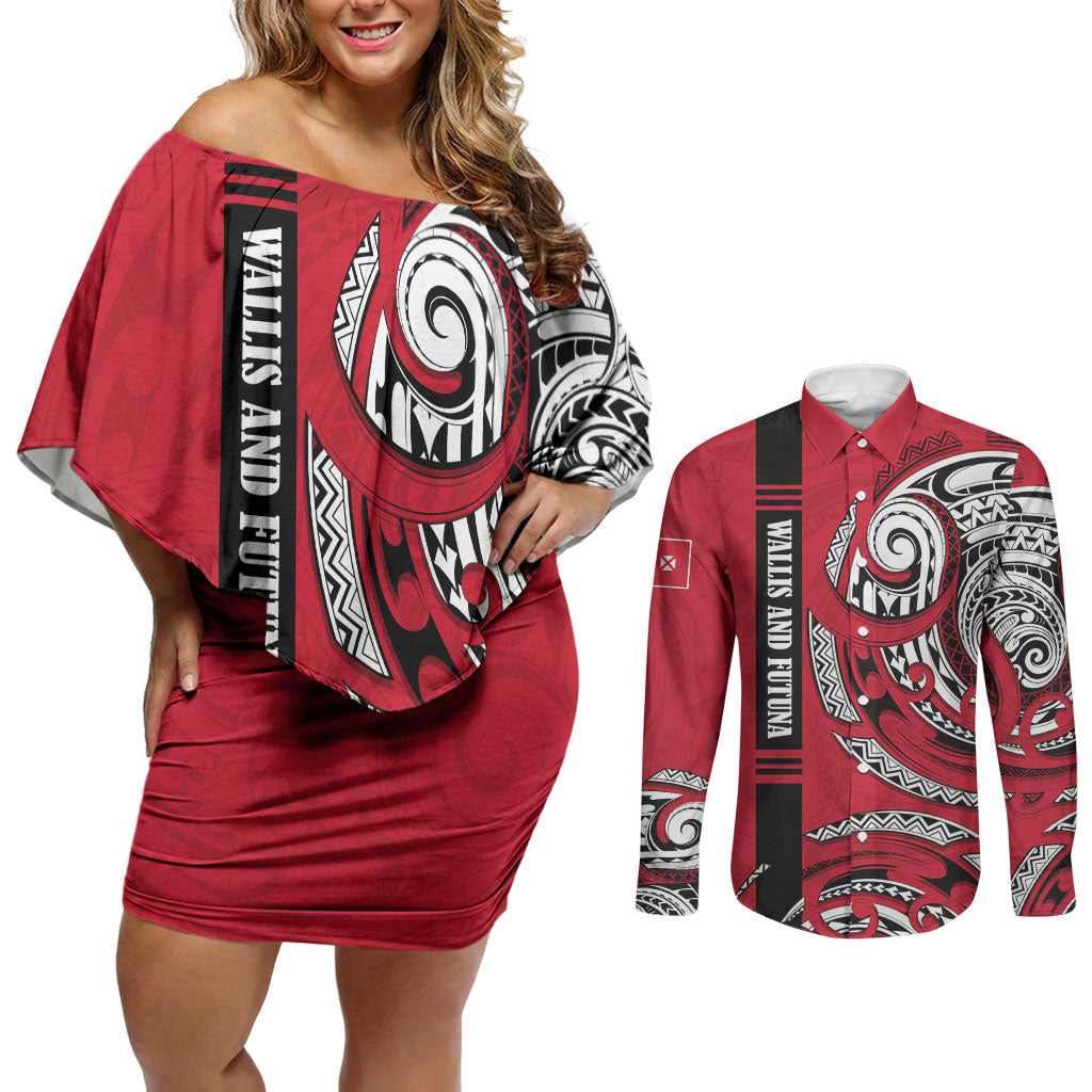 Wallis And Futuna Couples Matching Off Shoulder Short Dress and Long Sleeve Button Shirt Tribal Polynesian Tattoo Flag Motif TS04 Red Black - Polynesian Pride