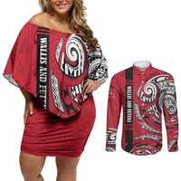 Wallis And Futuna Couples Matching Off Shoulder Short Dress and Long Sleeve Button Shirt Tribal Polynesian Tattoo Flag Motif TS04 Red Black - Polynesian Pride