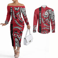 Wallis And Futuna Couples Matching Off The Shoulder Long Sleeve Dress and Long Sleeve Button Shirt Tribal Polynesian Tattoo Flag Motif TS04 Red Black - Polynesian Pride