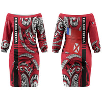 Wallis And Futuna Couples Matching Off The Shoulder Long Sleeve Dress and Long Sleeve Button Shirt Tribal Polynesian Tattoo Flag Motif TS04 - Polynesian Pride