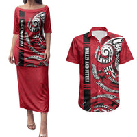 Wallis And Futuna Couples Matching Puletasi and Hawaiian Shirt Tribal Polynesian Tattoo Flag Motif TS04 Red Black - Polynesian Pride