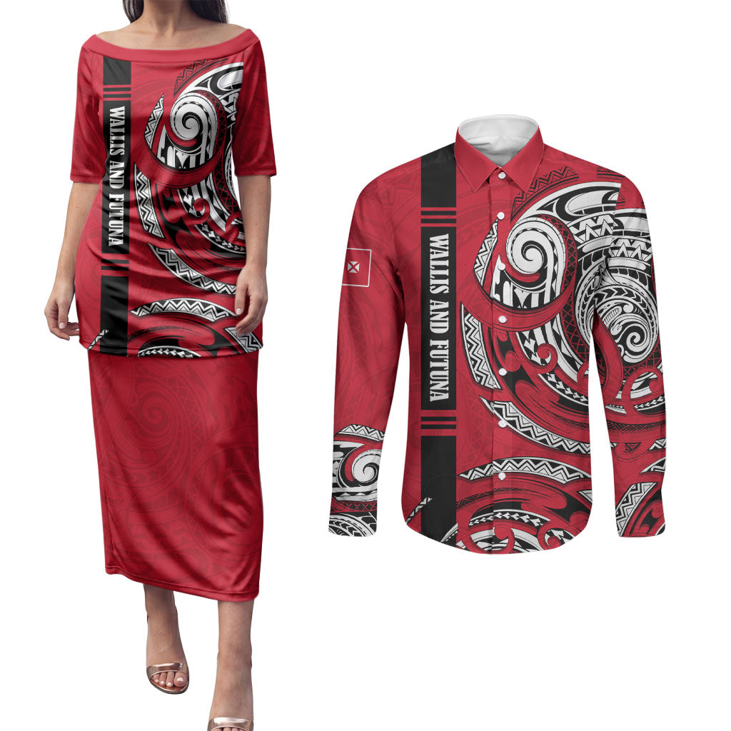 Wallis And Futuna Couples Matching Puletasi and Long Sleeve Button Shirt Tribal Polynesian Tattoo Flag Motif TS04 Red Black - Polynesian Pride