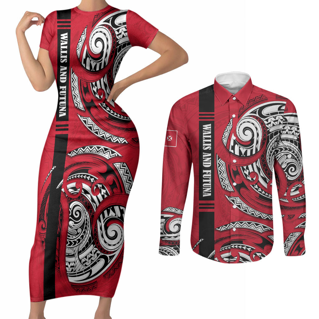 Wallis And Futuna Couples Matching Short Sleeve Bodycon Dress and Long Sleeve Button Shirt Tribal Polynesian Tattoo Flag Motif TS04 Red Black - Polynesian Pride
