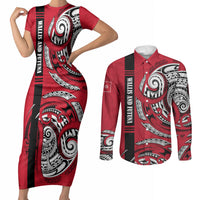 Wallis And Futuna Couples Matching Short Sleeve Bodycon Dress and Long Sleeve Button Shirt Tribal Polynesian Tattoo Flag Motif TS04 Red Black - Polynesian Pride