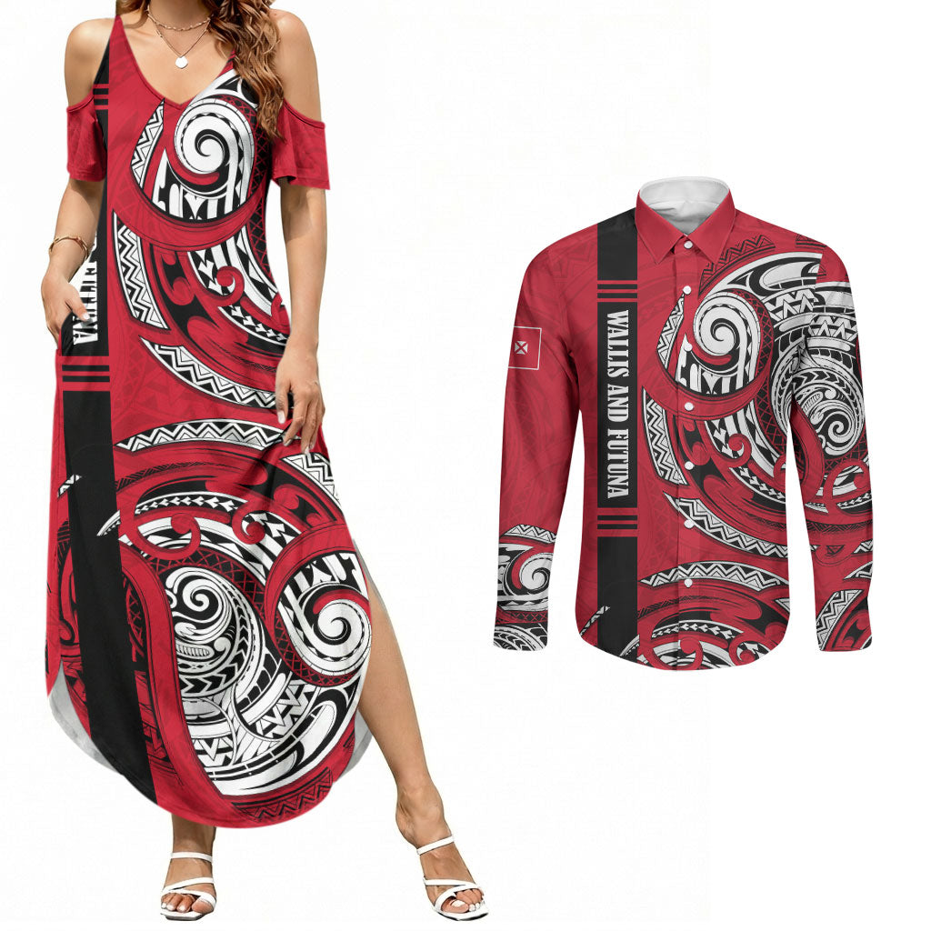 Wallis And Futuna Couples Matching Summer Maxi Dress and Long Sleeve Button Shirt Tribal Polynesian Tattoo Flag Motif TS04 Red Black - Polynesian Pride