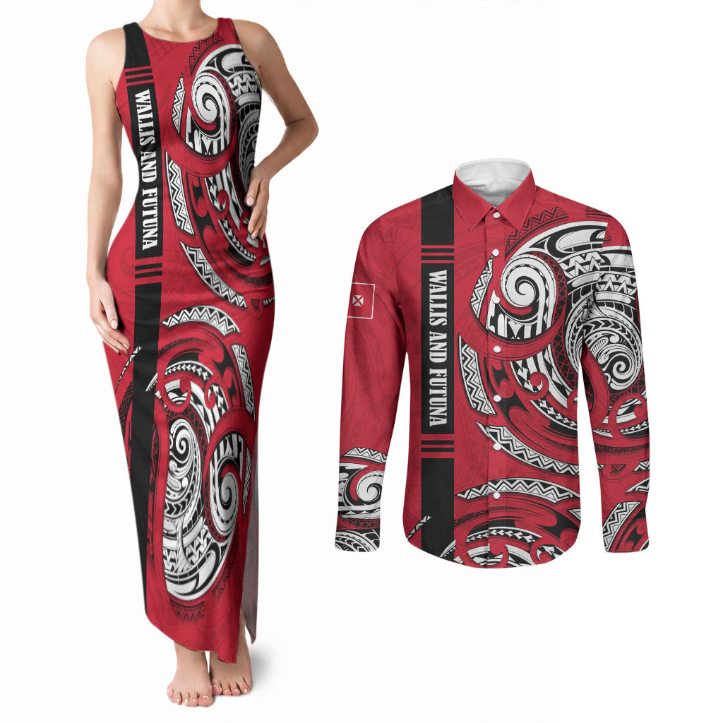 Wallis And Futuna Couples Matching Tank Maxi Dress and Long Sleeve Button Shirt Tribal Polynesian Tattoo Flag Motif TS04 Red Black - Polynesian Pride