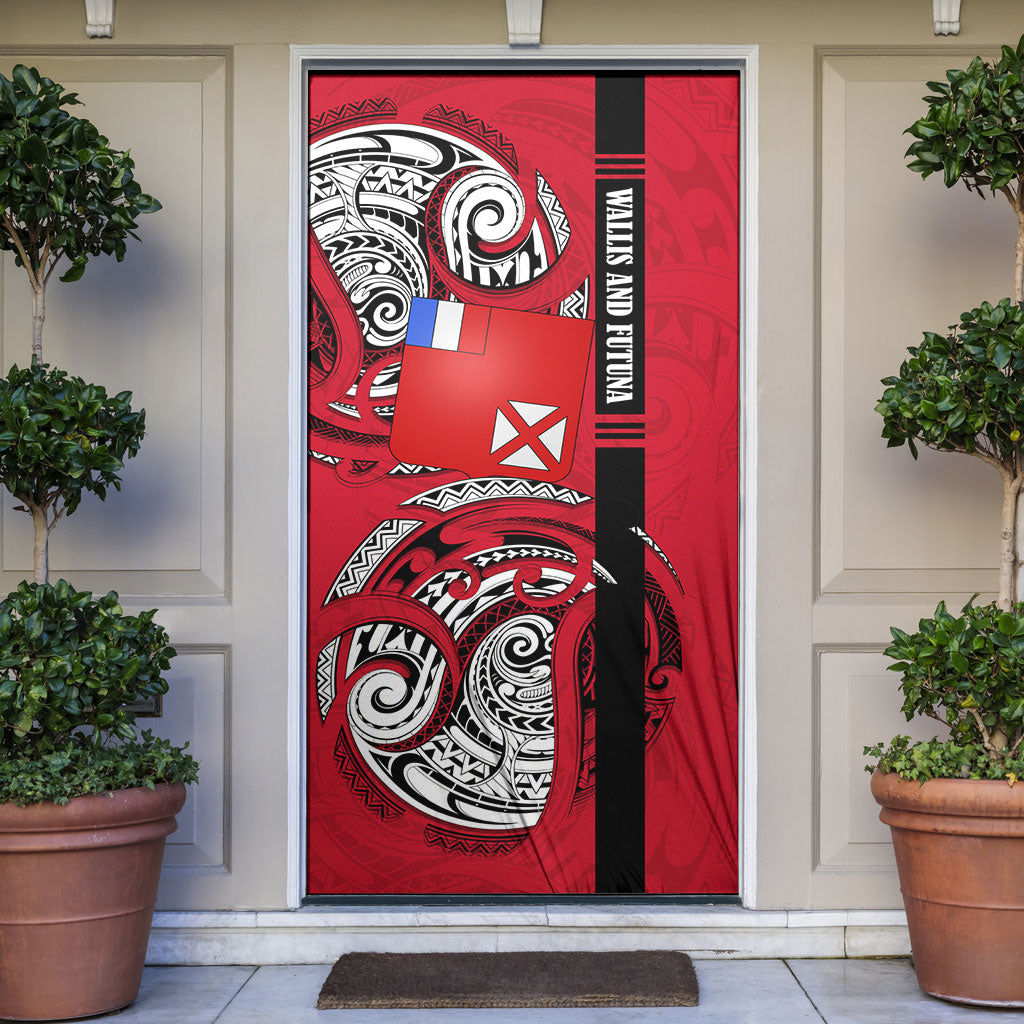 Wallis And Futuna Door Cover Tribal Polynesian Tattoo Flag Motif TS04 Red Black - Polynesian Pride