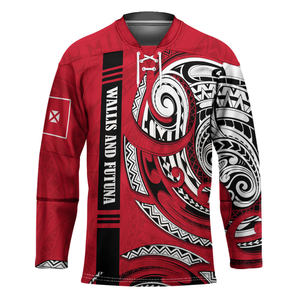 Wallis And Futuna Hockey Jersey Tribal Polynesian Tattoo Flag Motif TS04 Unisex Red Black - Polynesian Pride