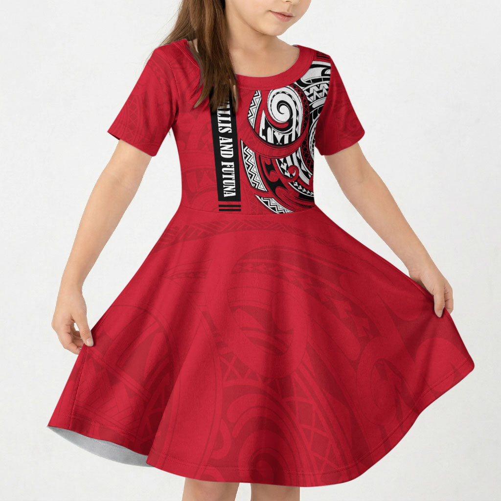 Wallis And Futuna Kid Short Sleeve Dress Tribal Polynesian Tattoo Flag Motif TS04 KID Red Black - Polynesian Pride