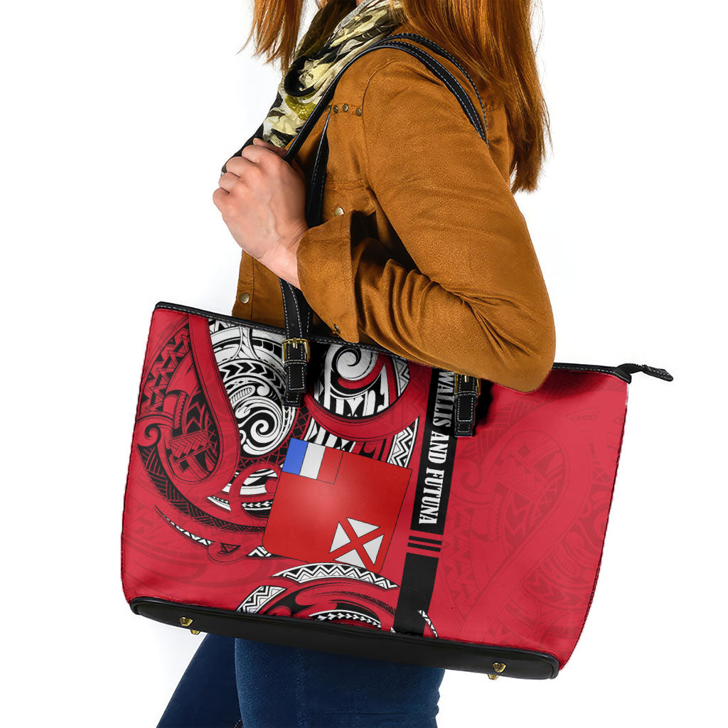 Wallis And Futuna Leather Tote Bag Tribal Polynesian Tattoo Flag Motif TS04 Red Black - Polynesian Pride