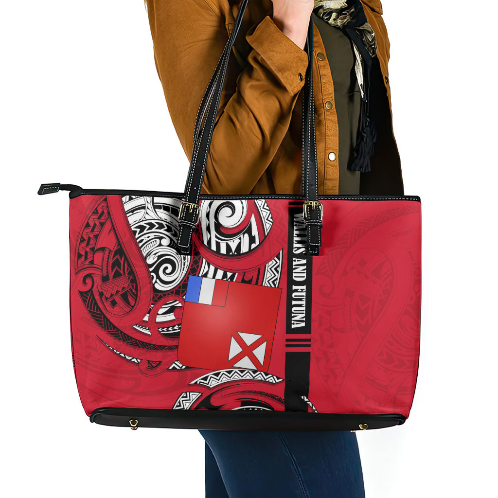 Wallis And Futuna Leather Tote Bag Tribal Polynesian Tattoo Flag Motif TS04 - Polynesian Pride