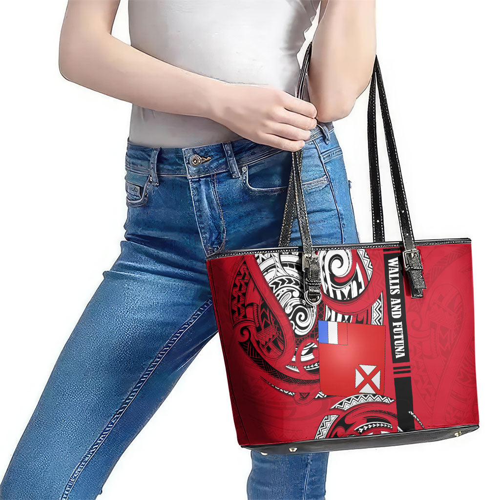 Wallis And Futuna Leather Tote Bag Tribal Polynesian Tattoo Flag Motif TS04 - Polynesian Pride