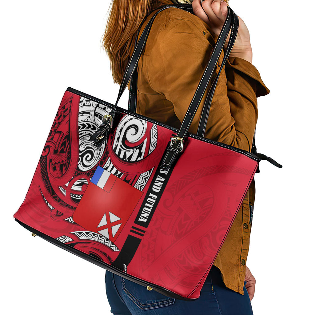 Wallis And Futuna Leather Tote Bag Tribal Polynesian Tattoo Flag Motif TS04 - Polynesian Pride
