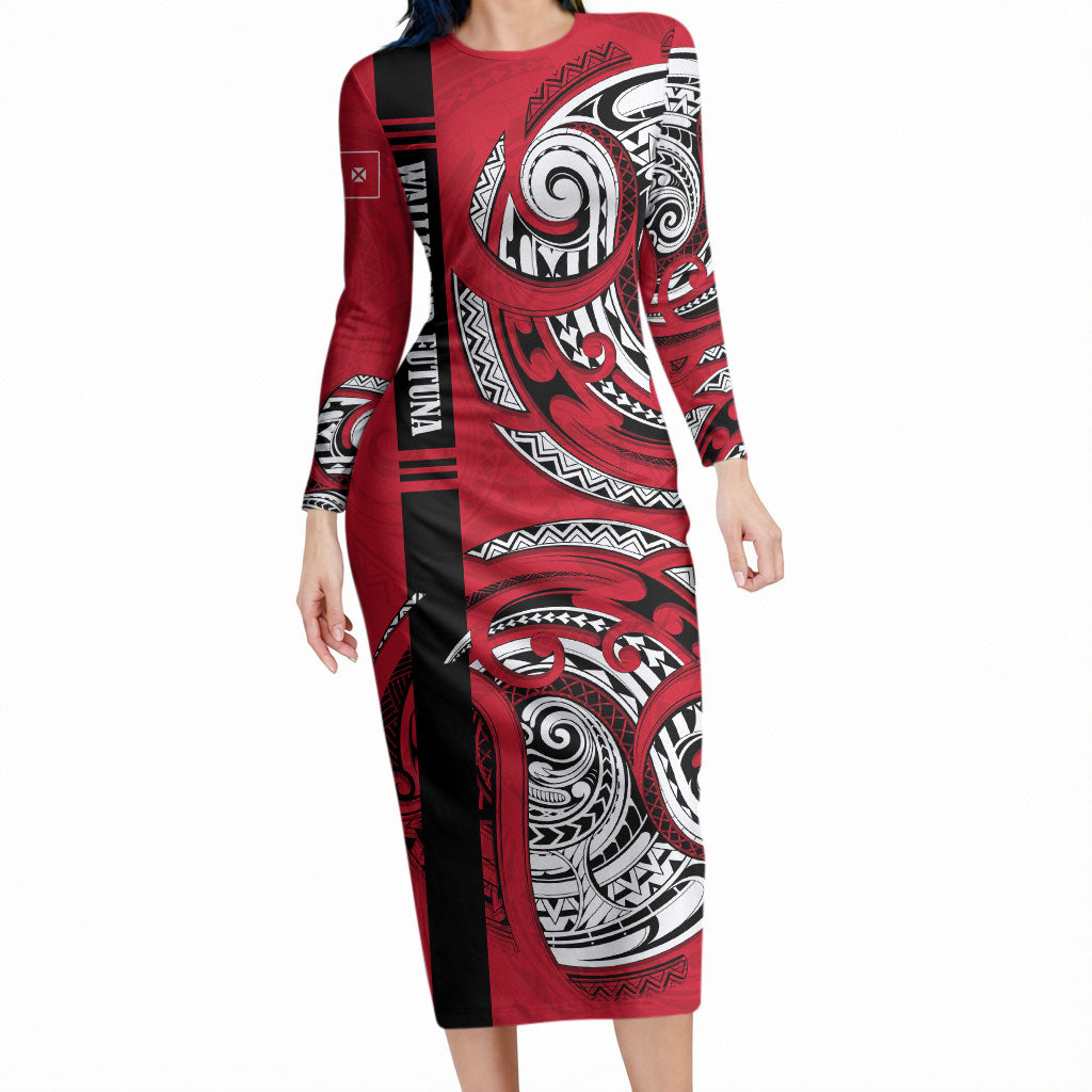 Wallis And Futuna Long Sleeve Bodycon Dress Tribal Polynesian Tattoo Flag Motif TS04 Long Dress Red Black - Polynesian Pride