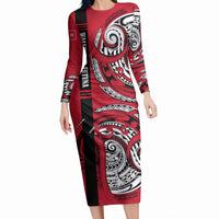 Wallis And Futuna Long Sleeve Bodycon Dress Tribal Polynesian Tattoo Flag Motif TS04 Long Dress Red Black - Polynesian Pride