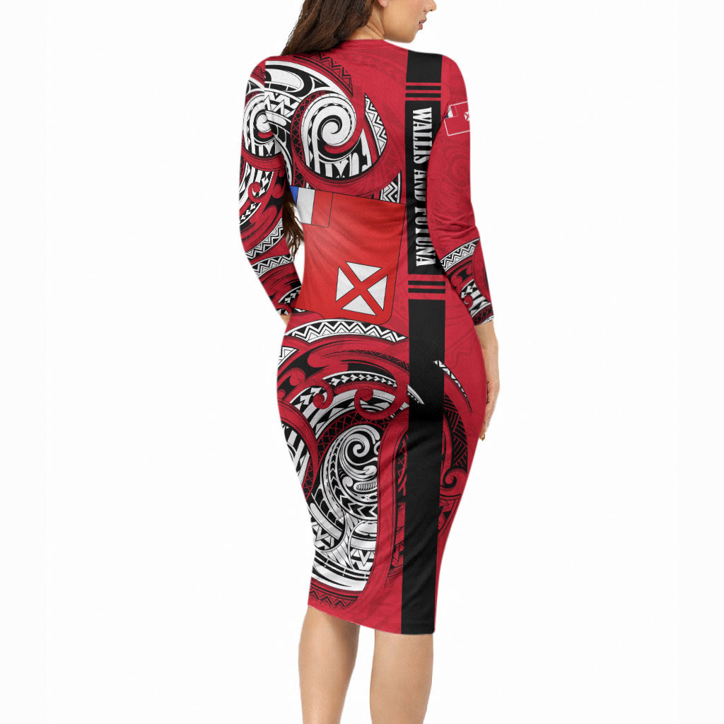 Wallis And Futuna Long Sleeve Bodycon Dress Tribal Polynesian Tattoo Flag Motif TS04 - Polynesian Pride