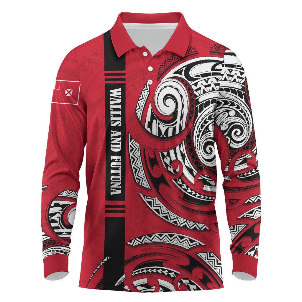 Wallis And Futuna Long Sleeve Polo Shirt Tribal Polynesian Tattoo Flag Motif TS04 Red Black - Polynesian Pride