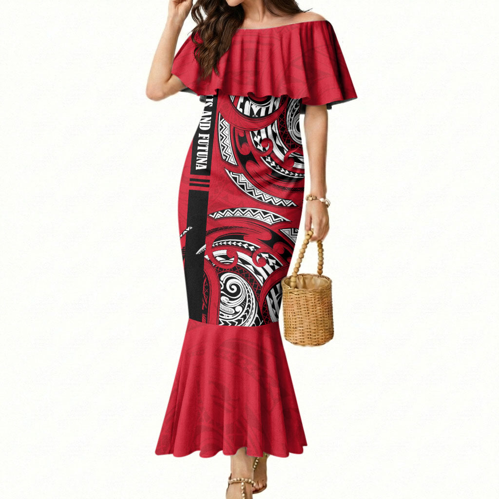 Wallis And Futuna Mermaid Dress Tribal Polynesian Tattoo Flag Motif TS04 Women Red Black - Polynesian Pride