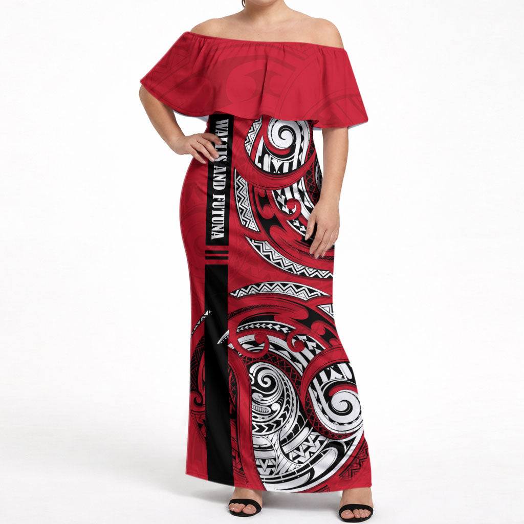 Wallis And Futuna Off Shoulder Maxi Dress Tribal Polynesian Tattoo Flag Motif TS04 Women Red Black - Polynesian Pride