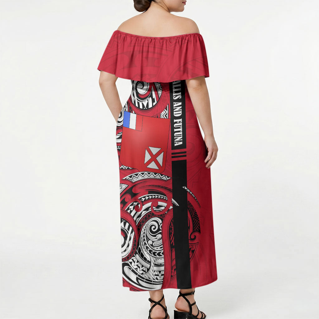 Wallis And Futuna Off Shoulder Maxi Dress Tribal Polynesian Tattoo Flag Motif TS04 - Polynesian Pride