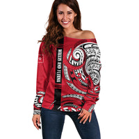 Wallis And Futuna Off Shoulder Sweater Tribal Polynesian Tattoo Flag Motif TS04 Women Red Black - Polynesian Pride