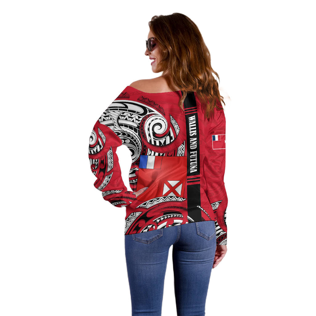 Wallis And Futuna Off Shoulder Sweater Tribal Polynesian Tattoo Flag Motif TS04 - Polynesian Pride