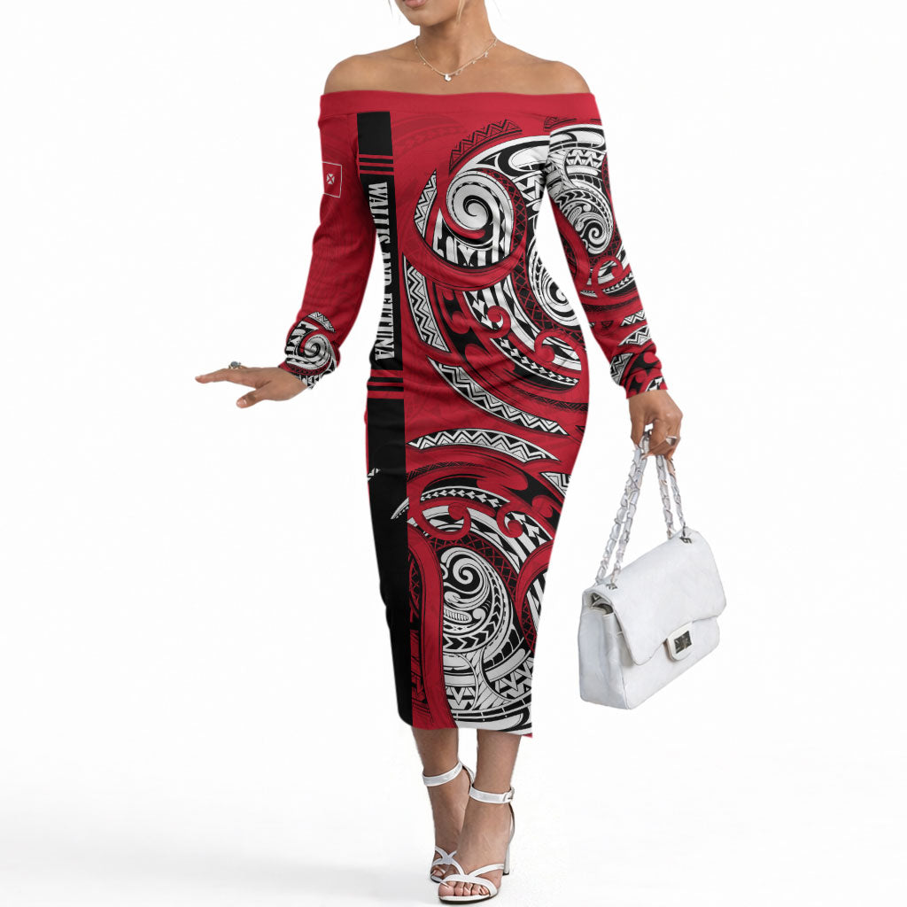 Wallis And Futuna Off The Shoulder Long Sleeve Dress Tribal Polynesian Tattoo Flag Motif TS04 Women Red Black - Polynesian Pride