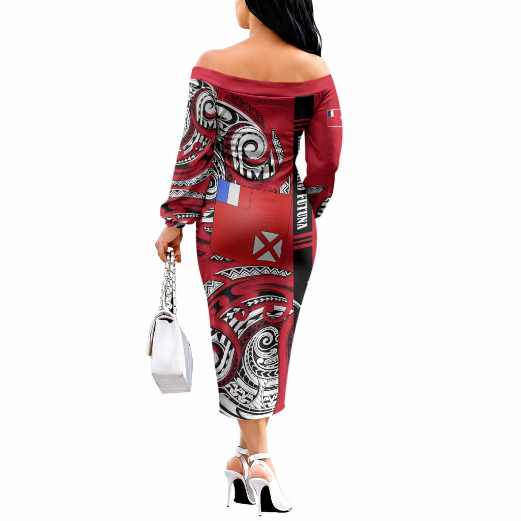Wallis And Futuna Off The Shoulder Long Sleeve Dress Tribal Polynesian Tattoo Flag Motif TS04 - Polynesian Pride