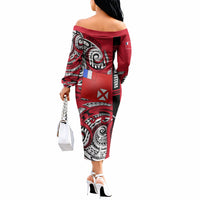 Wallis And Futuna Off The Shoulder Long Sleeve Dress Tribal Polynesian Tattoo Flag Motif TS04 - Polynesian Pride