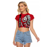 Wallis And Futuna Raglan Cropped T Shirt Tribal Polynesian Tattoo Flag Motif TS04 Female Red Black - Polynesian Pride