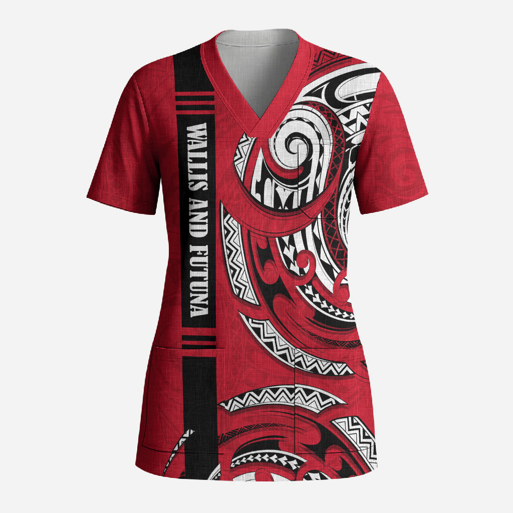 Wallis And Futuna Scrub Top Tribal Polynesian Tattoo Flag Motif TS04 Adult Red Black - Polynesian Pride