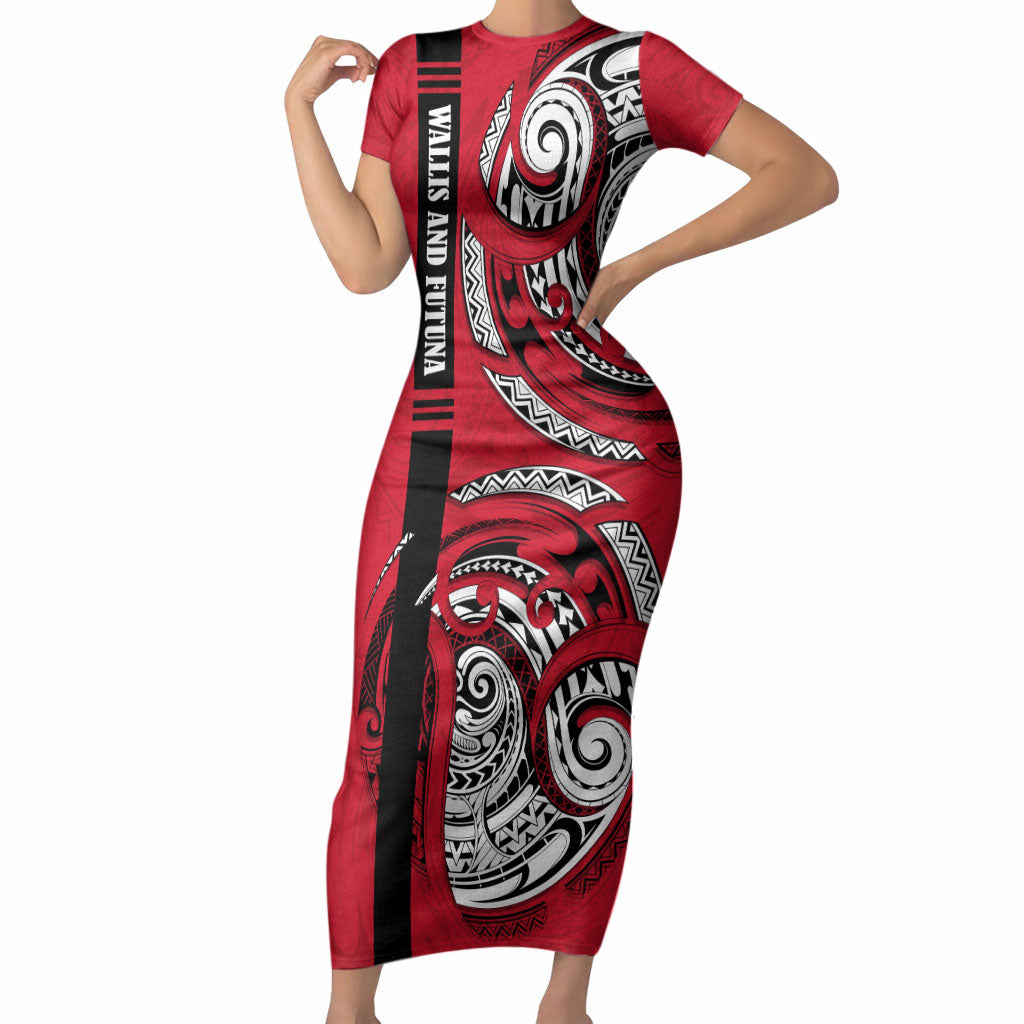Wallis And Futuna Short Sleeve Bodycon Dress Tribal Polynesian Tattoo Flag Motif TS04 Long Dress Red Black - Polynesian Pride