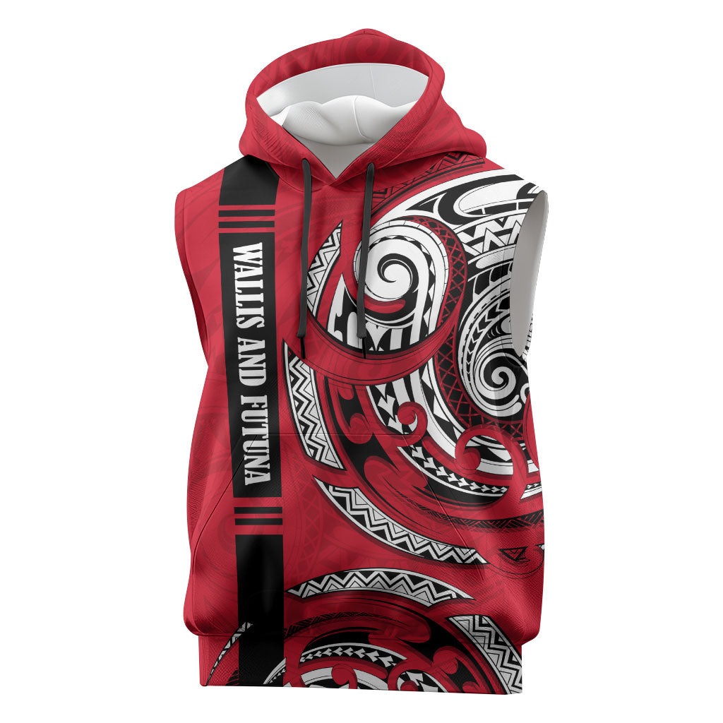 Wallis And Futuna Sleeveless Hoodie Tribal Polynesian Tattoo Flag Motif TS04 Red Black - Polynesian Pride