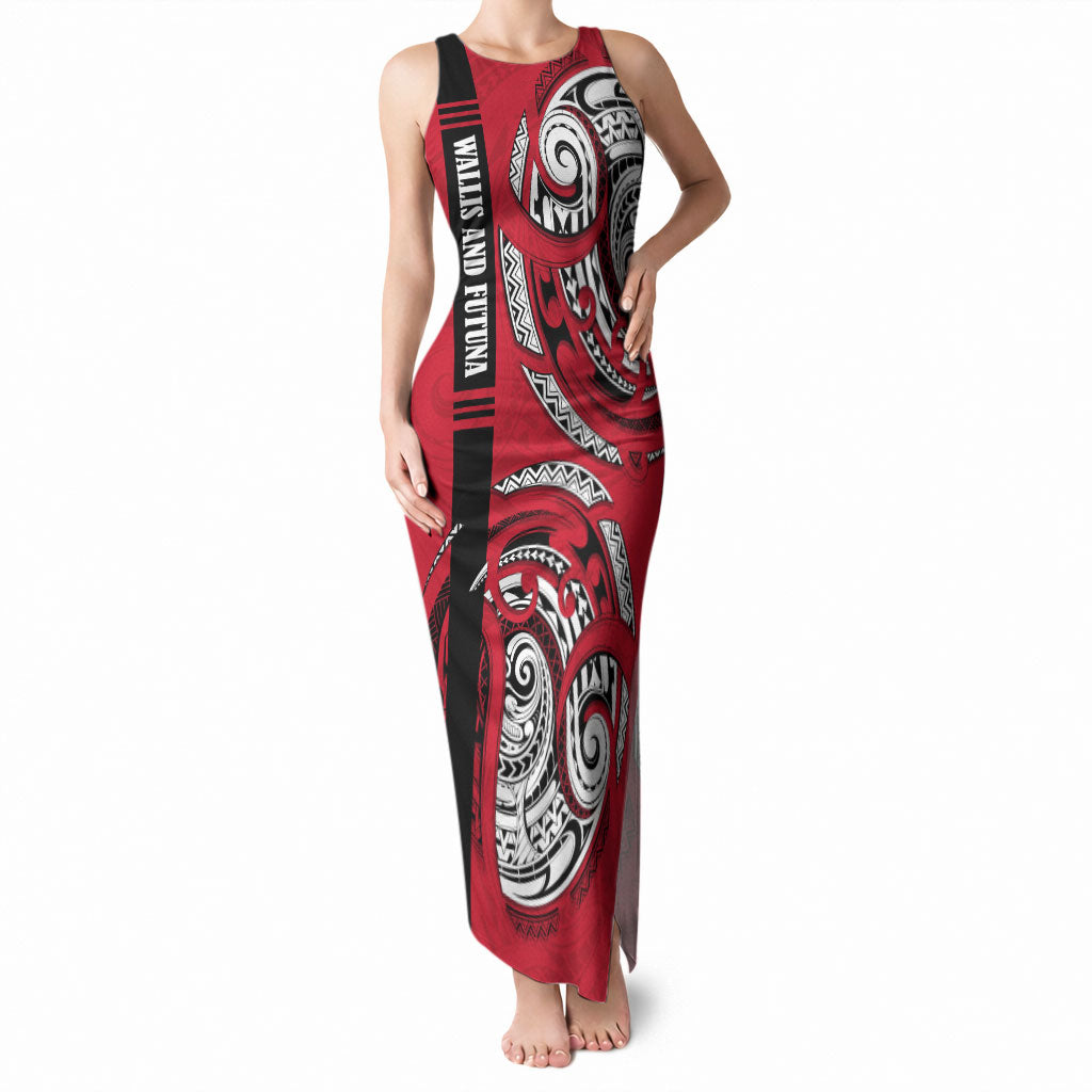 Wallis And Futuna Tank Maxi Dress Tribal Polynesian Tattoo Flag Motif TS04 Women Red Black - Polynesian Pride