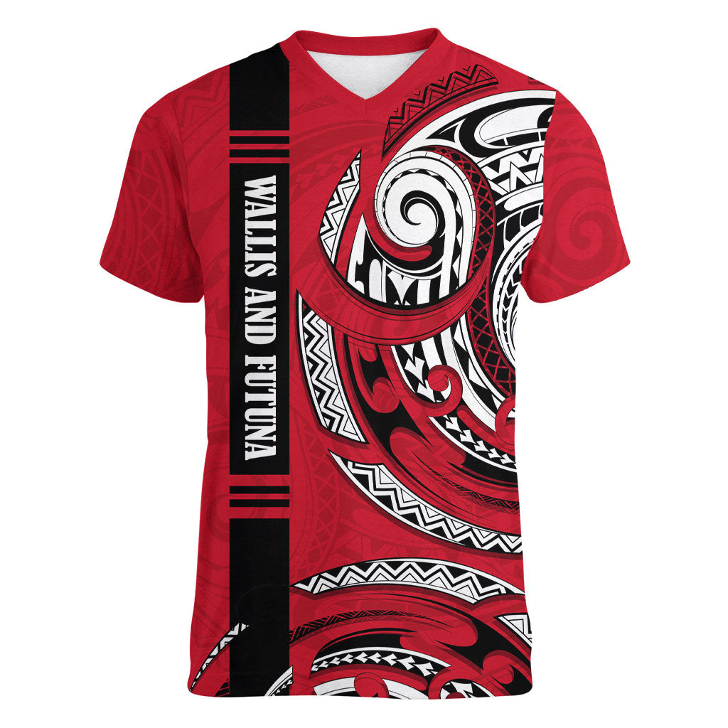 Wallis And Futuna Women V-Neck T-Shirt Tribal Polynesian Tattoo Flag Motif TS04 Female Red Black - Polynesian Pride