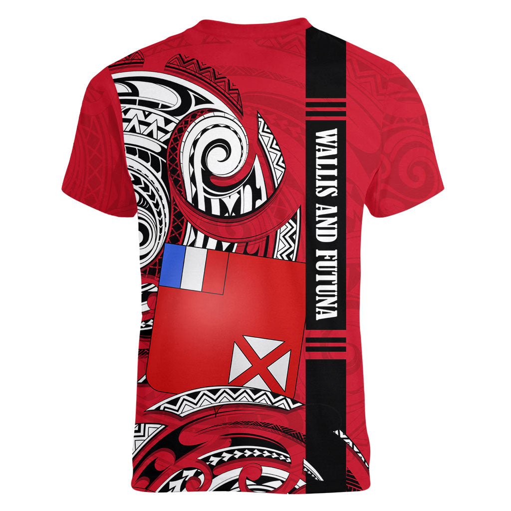 Wallis And Futuna Women V-Neck T-Shirt Tribal Polynesian Tattoo Flag Motif TS04 - Polynesian Pride