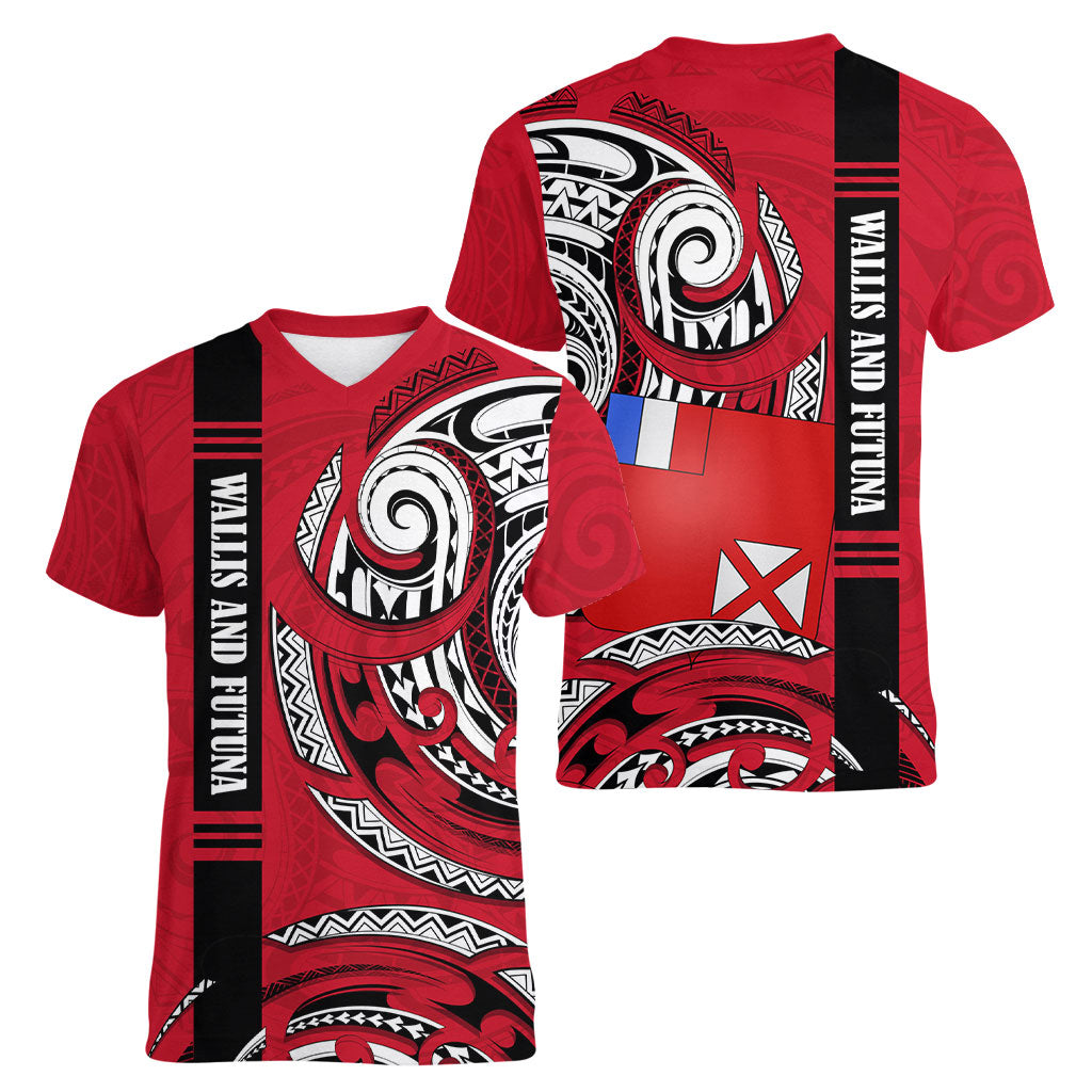 Wallis And Futuna Women V-Neck T-Shirt Tribal Polynesian Tattoo Flag Motif TS04 - Polynesian Pride