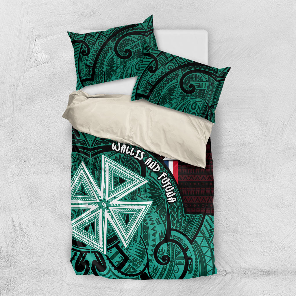 Wallis And Futuna Bedding Set Tribal Polynesian Tattoo Heritage Cross Flag TS04 US Twin 172cm x 218cm Green Black - Polynesian Pride