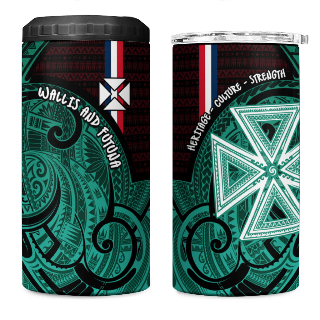 Wallis And Futuna 4 in 1 Can Cooler Tumbler Tribal Polynesian Tattoo Heritage Cross Flag TS04 One Size: 16 oz Green Black - Polynesian Pride