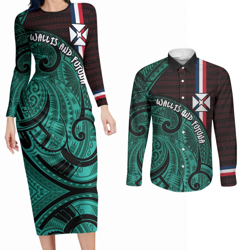 Wallis And Futuna Couples Matching Long Sleeve Bodycon Dress and Long Sleeve Button Shirt Tribal Polynesian Tattoo Heritage Cross Flag TS04 Green Black - Polynesian Pride