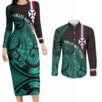 Wallis And Futuna Couples Matching Long Sleeve Bodycon Dress and Long Sleeve Button Shirt Tribal Polynesian Tattoo Heritage Cross Flag TS04 Green Black - Polynesian Pride