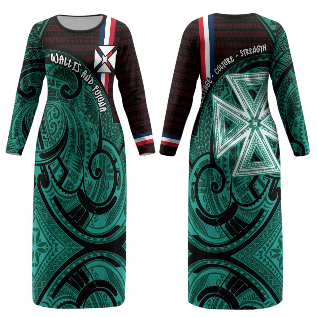 Wallis And Futuna Couples Matching Long Sleeve Bodycon Dress and Long Sleeve Button Shirt Tribal Polynesian Tattoo Heritage Cross Flag TS04 - Polynesian Pride