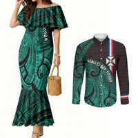 Wallis And Futuna Couples Matching Mermaid Dress and Long Sleeve Button Shirt Tribal Polynesian Tattoo Heritage Cross Flag TS04 Green Black - Polynesian Pride