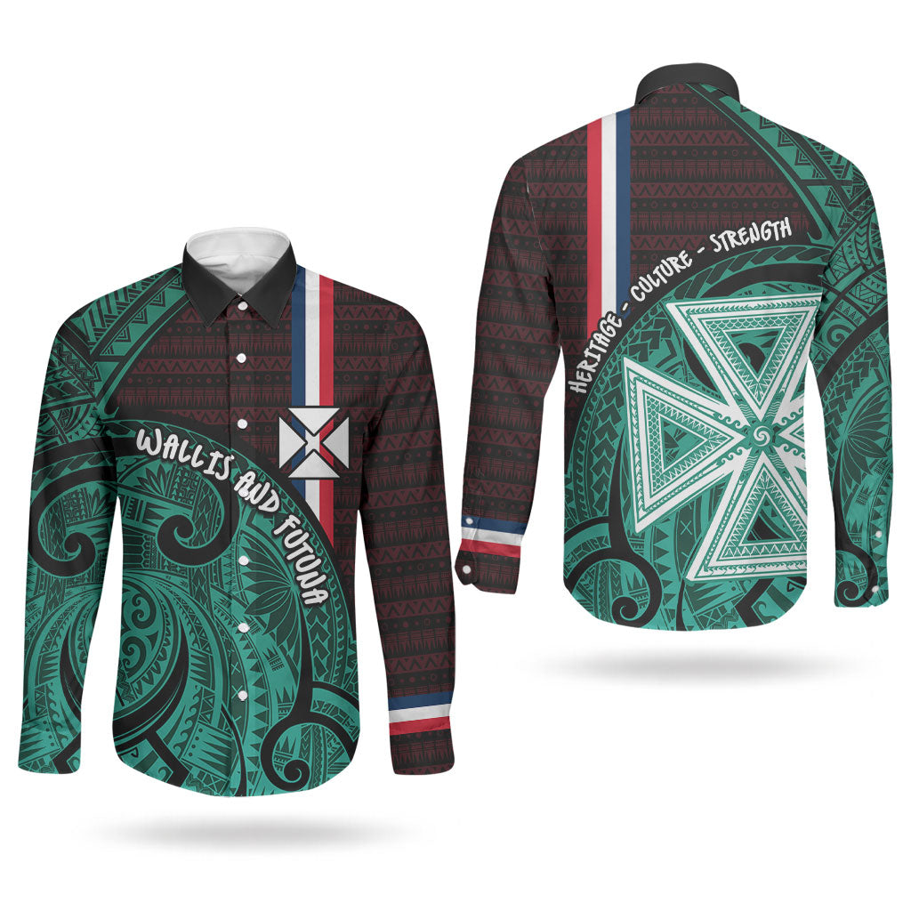 Wallis And Futuna Couples Matching Mermaid Dress and Long Sleeve Button Shirt Tribal Polynesian Tattoo Heritage Cross Flag TS04 - Polynesian Pride
